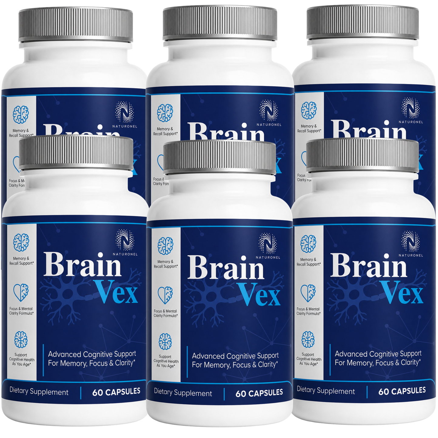 BrainVex – Advanced Memory & Focus Supplement for Cognitive Support, Mental Clarity, Recall & Concentration, Nootropic Brain Formula with Vitamins, Herbal Extracts & Amino Acids - 6 Bottle