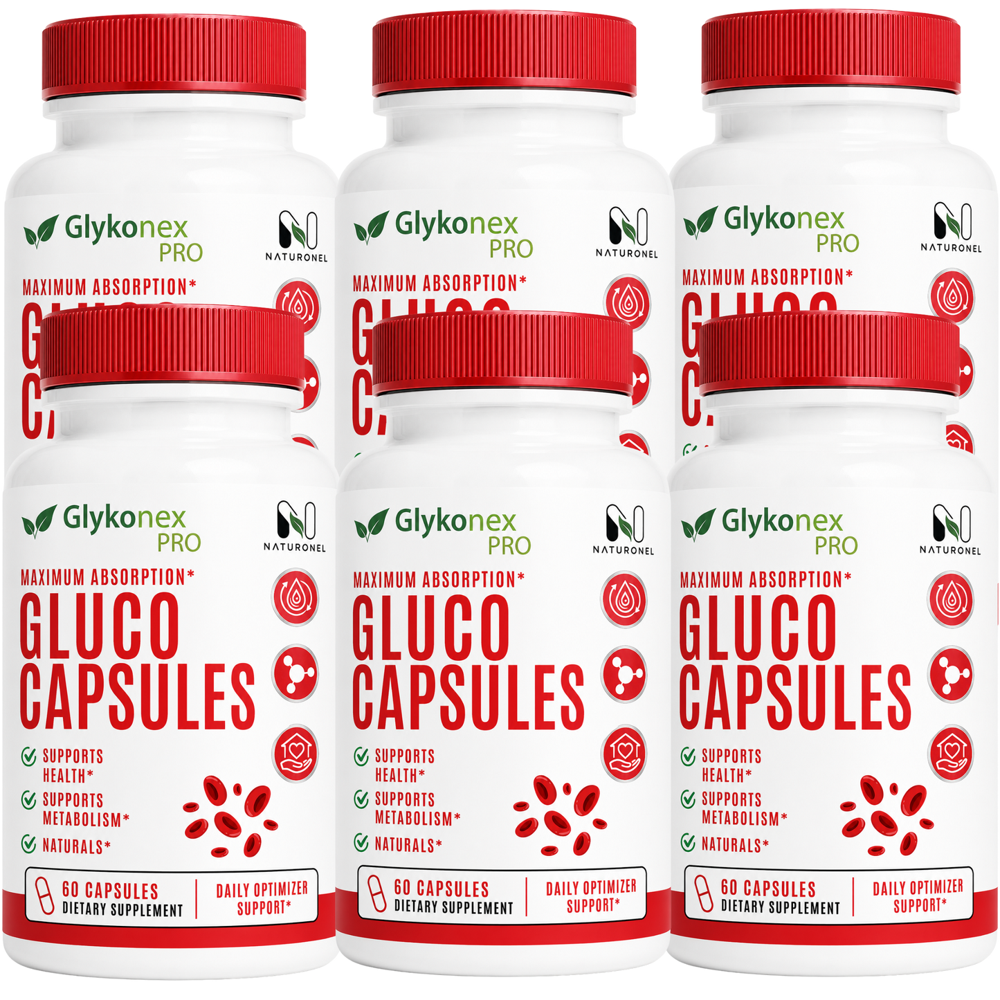 Glykonex Pro Maximum Absorption Gluco Capsules – Daily Glucose Support Supplement with Vitamins, Minerals & Botanicals, Metabolism Support Formula - 6 Bottle
