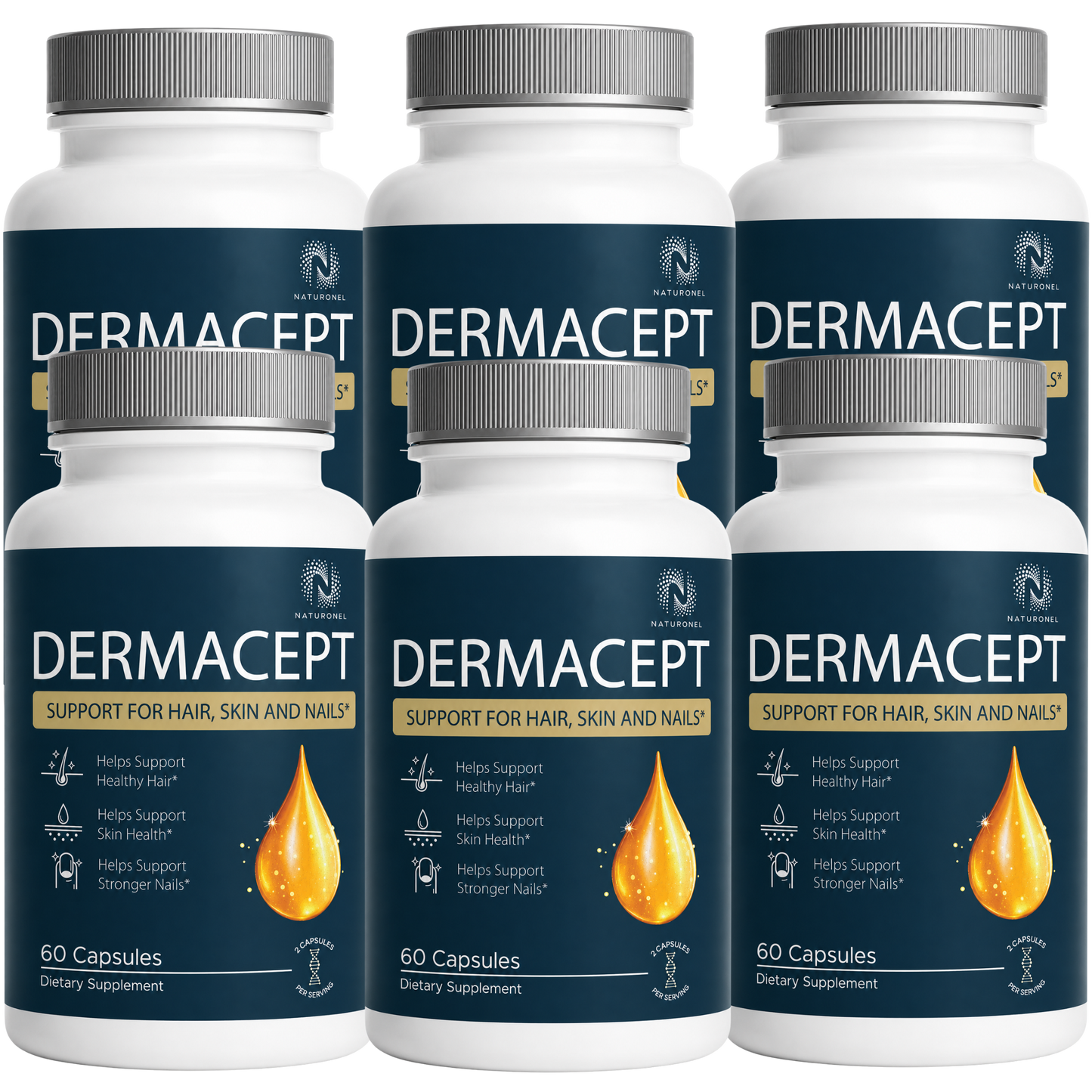 DERMACEPT Hair Skin and Nails Supplement – Biotin, Collagen, Keratin, Hyaluronic Acid, Vitamins & Minerals for Hair, Skin & Nail Support, Dietary Supplement - 6 Bottle
