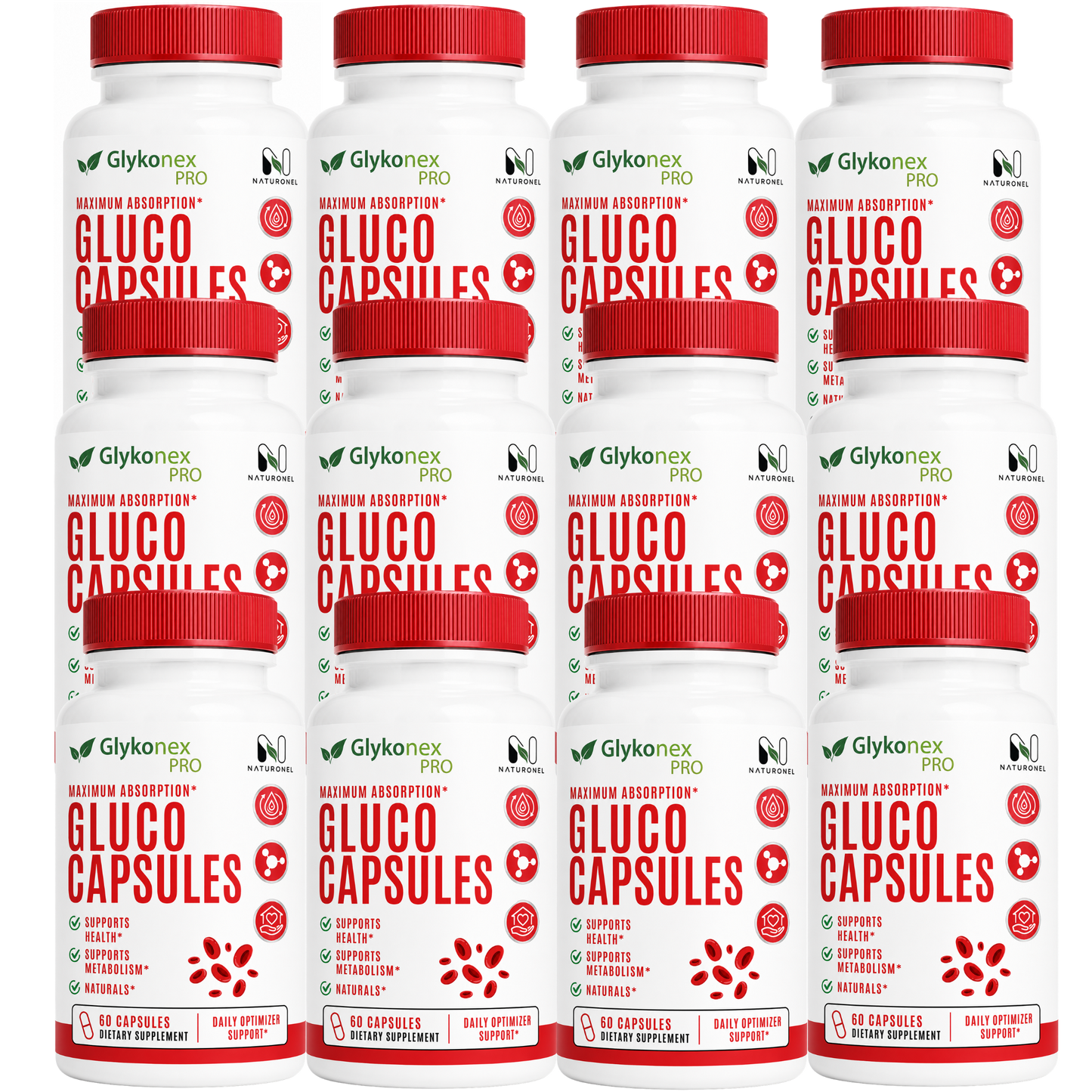 Glykonex Pro Maximum Absorption Gluco Capsules – Daily Glucose Support Supplement with Vitamins, Minerals & Botanicals, Metabolism Support Formula - 12 Bottle