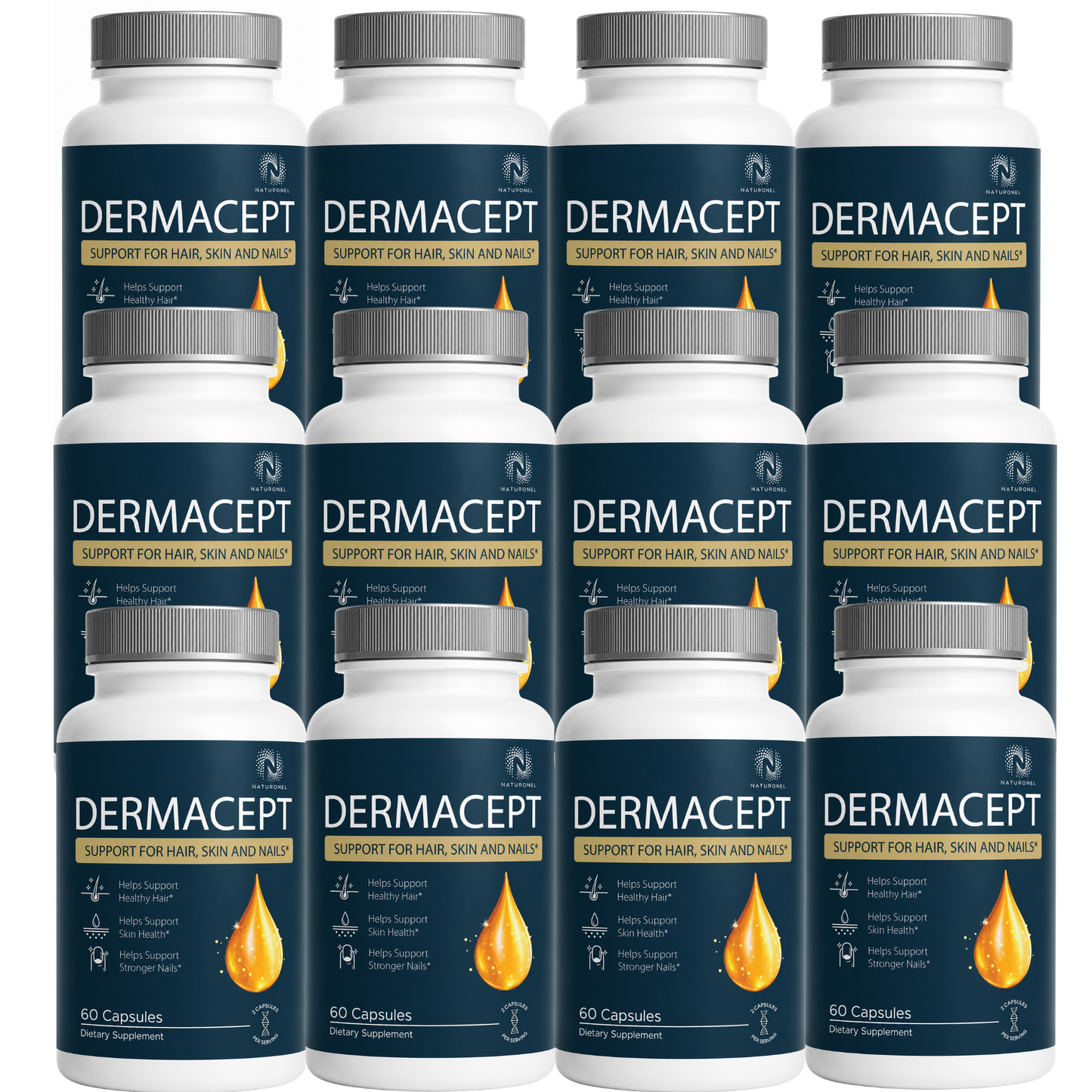 DERMACEPT Hair Skin and Nails Supplement – Biotin, Collagen, Keratin, Hyaluronic Acid, Vitamins & Minerals for Hair, Skin & Nail Support, Dietary Supplement - 12 Bottle