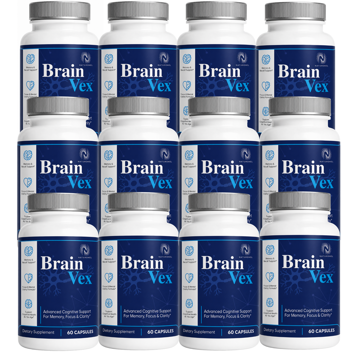 BrainVex – Advanced Memory & Focus Supplement for Cognitive Support, Mental Clarity, Recall & Concentration, Nootropic Brain Formula with Vitamins, Herbal Extracts & Amino Acids -12 Bottle