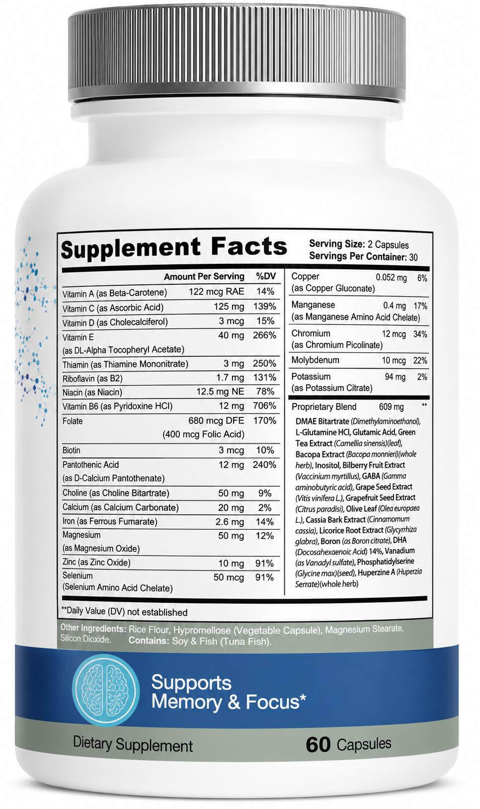 MEMORA Brain Support Supplement – Advanced Memory & Cognitive Focus Formula with DHA, DMAE & Bacopa – 2 Bottle