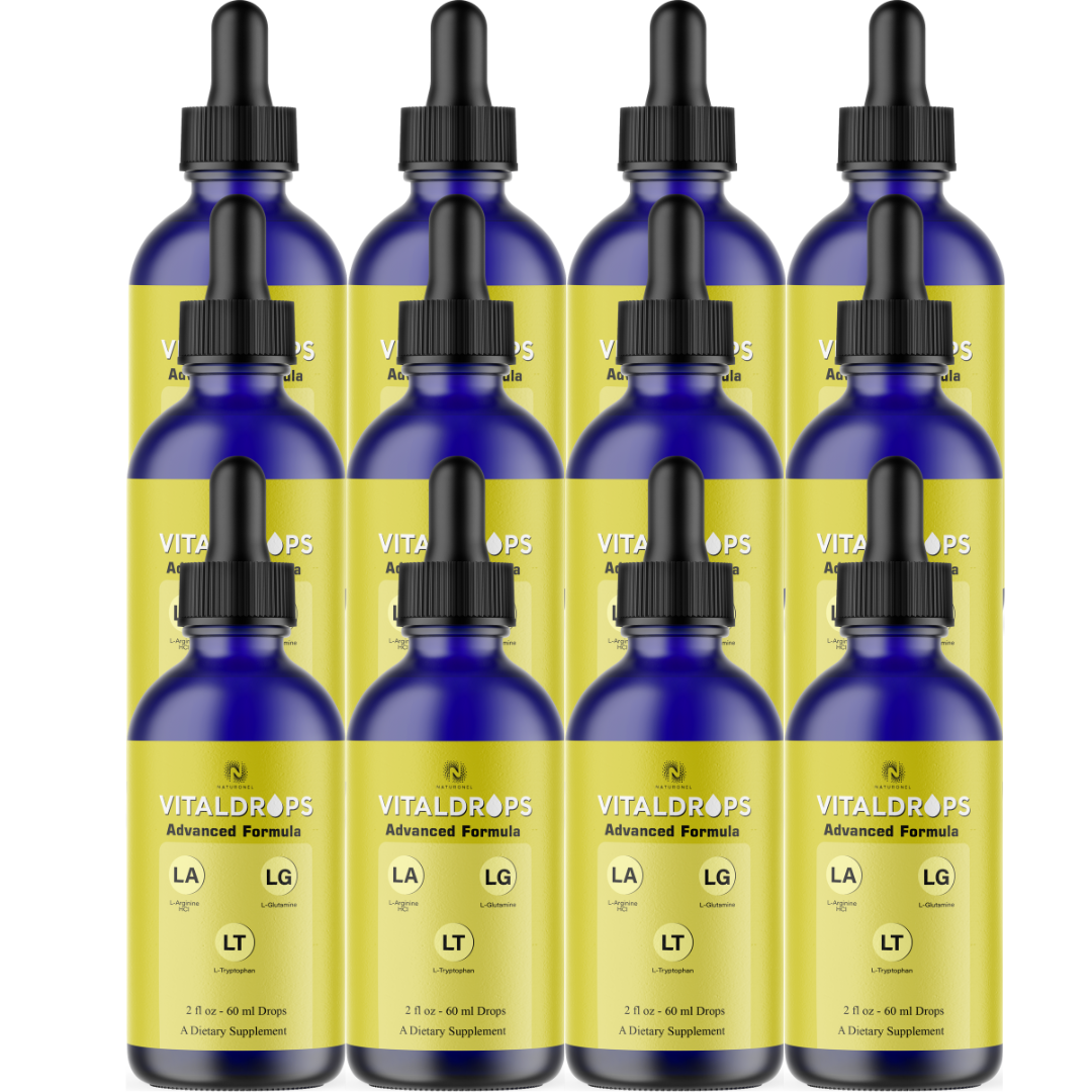VitalDrops 3-in-1 Advanced Formula (12 Pack) – L-Arginine HCl, L-Glutamine & L-Tryptophan Liquid Drops – Lemon Flavor