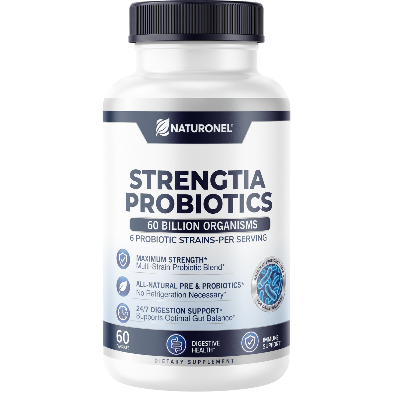 Strengtia 60 Billion Probiotics – Daily Probiotic Supplement with 6 Clinically Selected Strains, Prebiotic Blend, Digestive & Immune Wellness