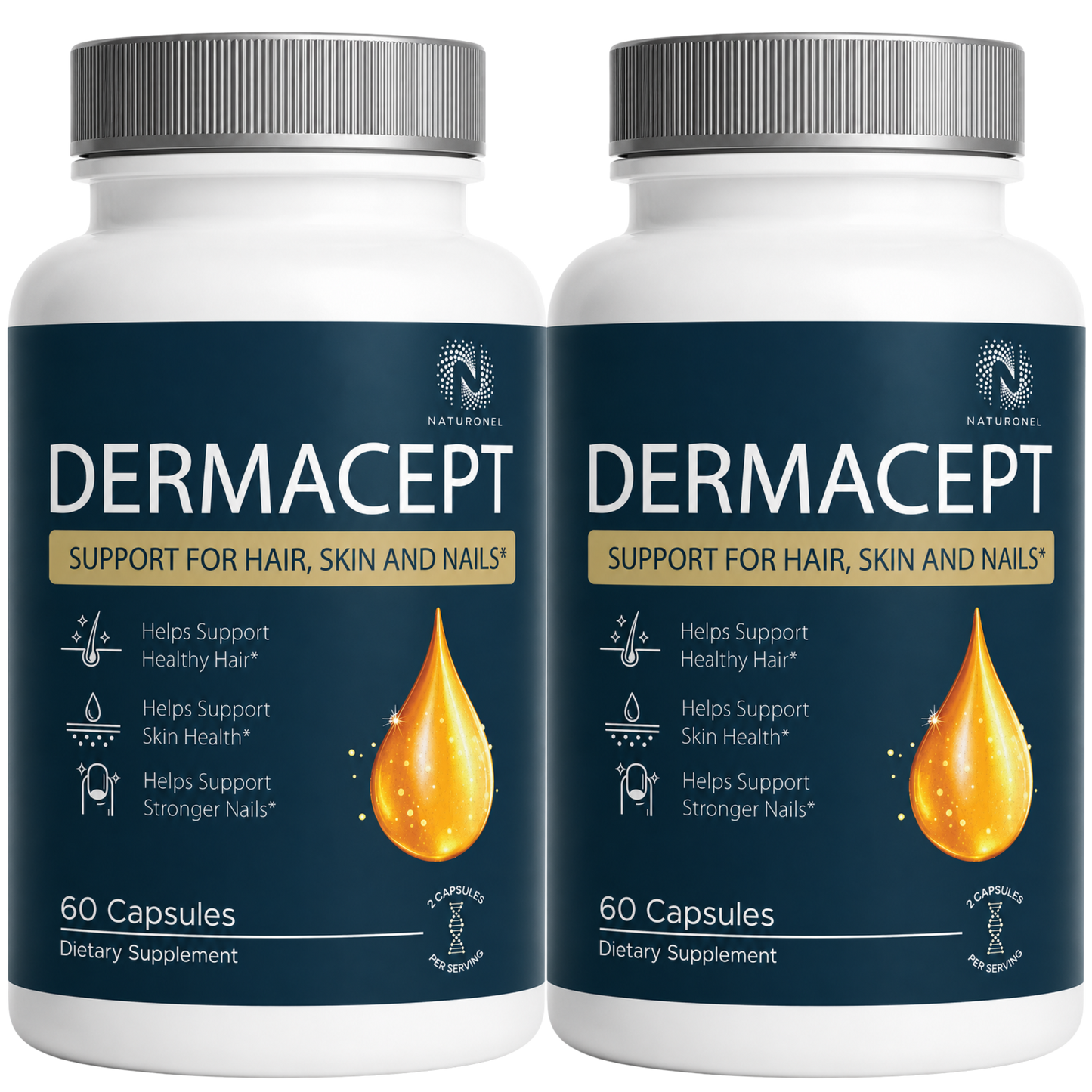 DERMACEPT Hair Skin and Nails Supplement – Biotin, Collagen, Keratin, Hyaluronic Acid, Vitamins & Minerals for Hair, Skin & Nail Support, Dietary Supplement - 2 Bottle