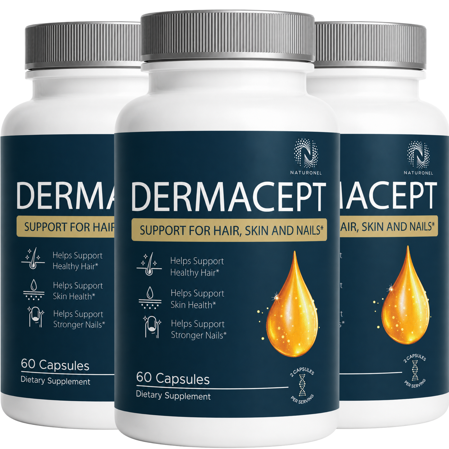 DERMACEPT Hair Skin and Nails Supplement – Biotin, Collagen, Keratin, Hyaluronic Acid, Vitamins & Minerals for Hair, Skin & Nail Support, Dietary Supplement - 3 Bottle
