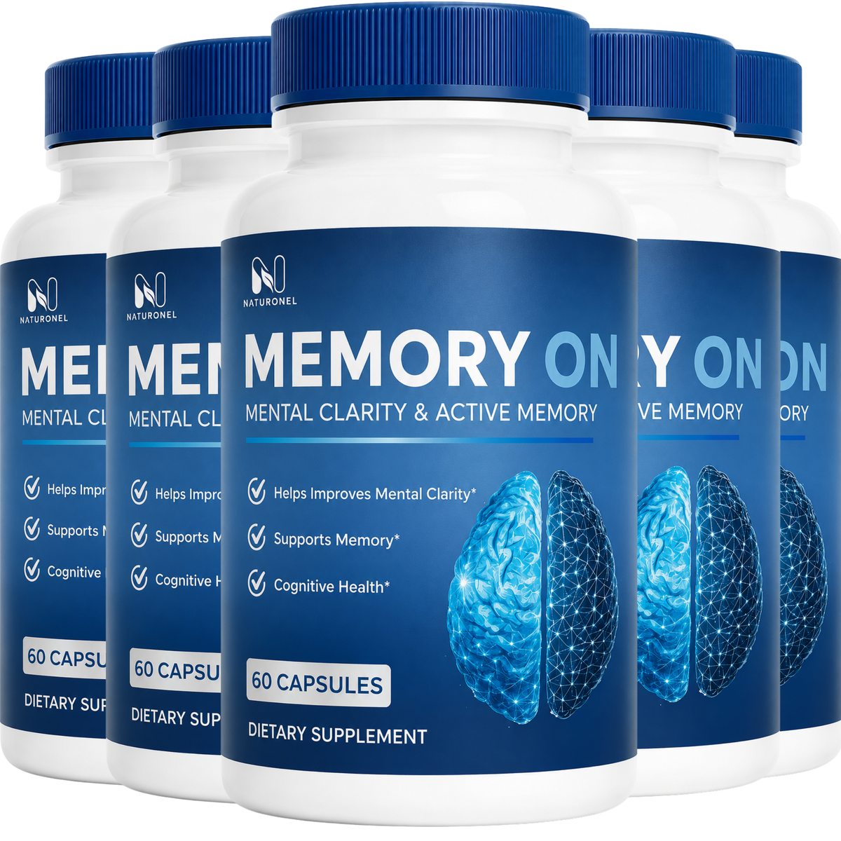 MemoryON  Brain Supplement for Memory & Focus, Mental Clarity & Cognitive Support, Nootropic Formula with Brain Health Ingredients - 5 Bottle