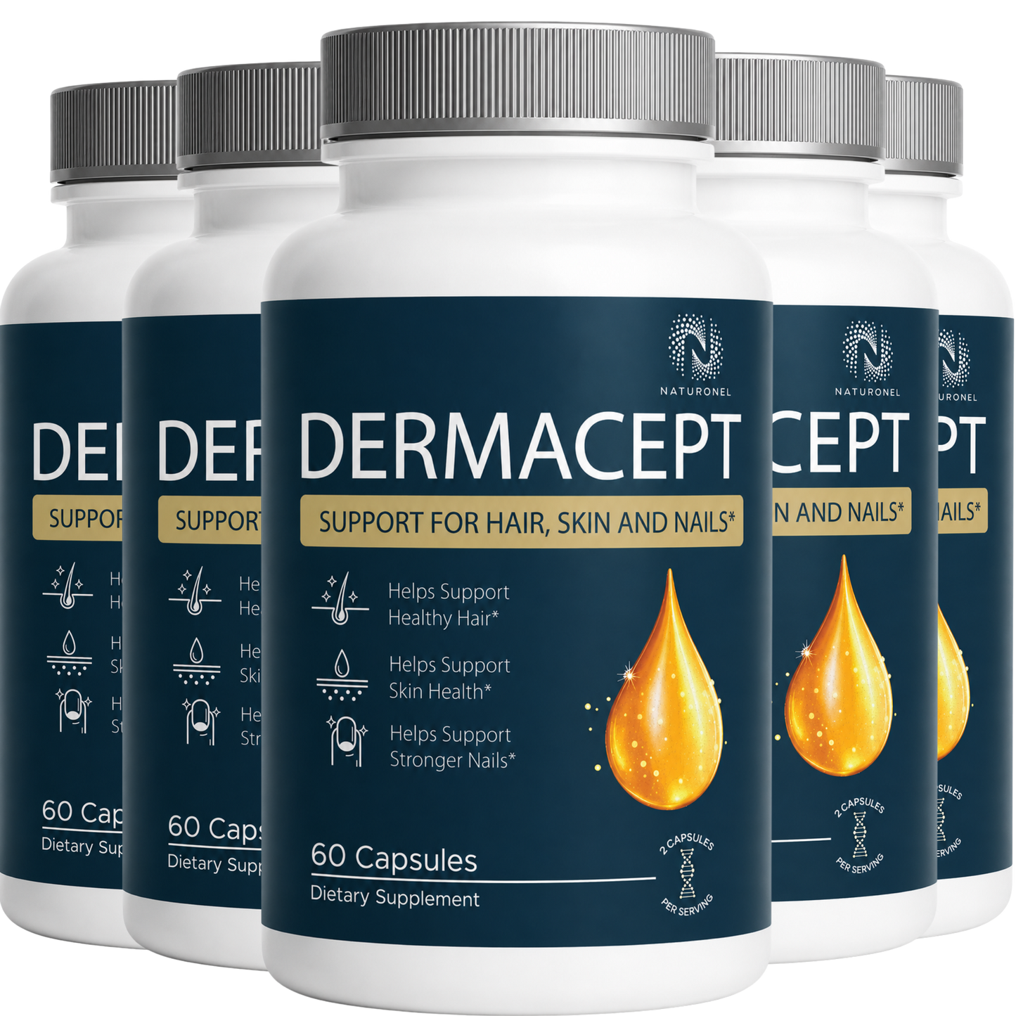 DERMACEPT Hair Skin and Nails Supplement – Biotin, Collagen, Keratin, Hyaluronic Acid, Vitamins & Minerals for Hair, Skin & Nail Support, Dietary Supplement - 5 Bottle