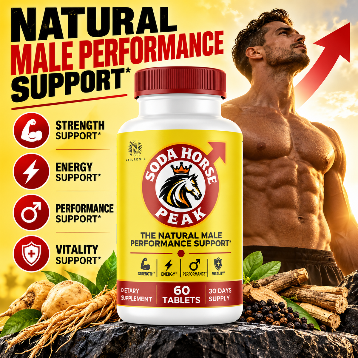 Soda Horse Peak (4 Pack) – Men's Performance & Vitality Supplement with Longjack, L-Arginine, Maca Root & Ginseng