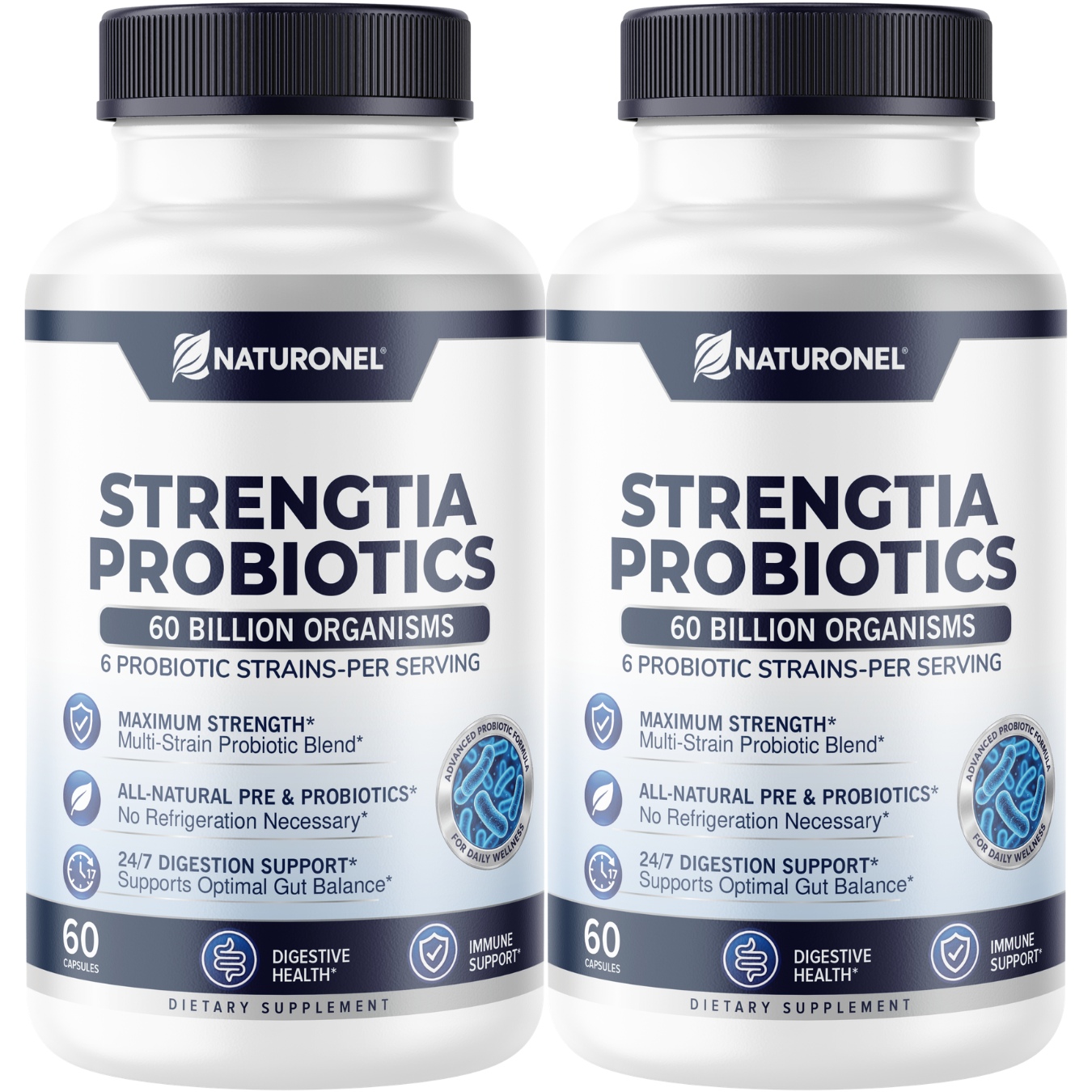 Strengtia (2 Pack) 60 Billion Probiotics – Daily Probiotic Supplement with 6 Clinically Selected Strains, Prebiotic Blend, Digestive & Immune Wellness