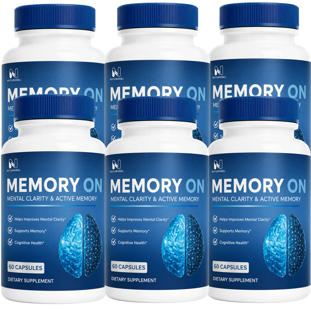 MemoryON  Brain Supplement for Memory & Focus, Mental Clarity & Cognitive Support, Nootropic Formula with Brain Health Ingredients - 6 Bottle