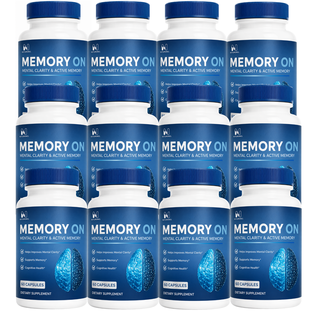 MemoryON  Brain Supplement for Memory & Focus, Mental Clarity & Cognitive Support, Nootropic Formula with Brain Health Ingredients - 12 Bottle