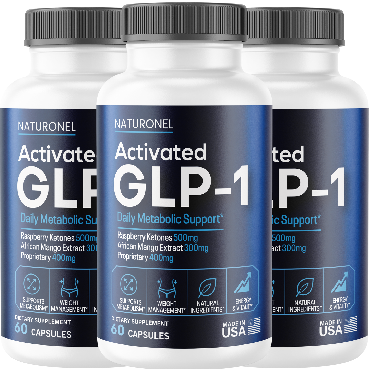 Activated GLP-1 (3 Pack) Daily Metabolic Support – Raspberry Ketones 500mg, African Mango 300mg, Green Tea, Apple Cider Vinegar & Kelp Blend – Energy & Weight Management Formula