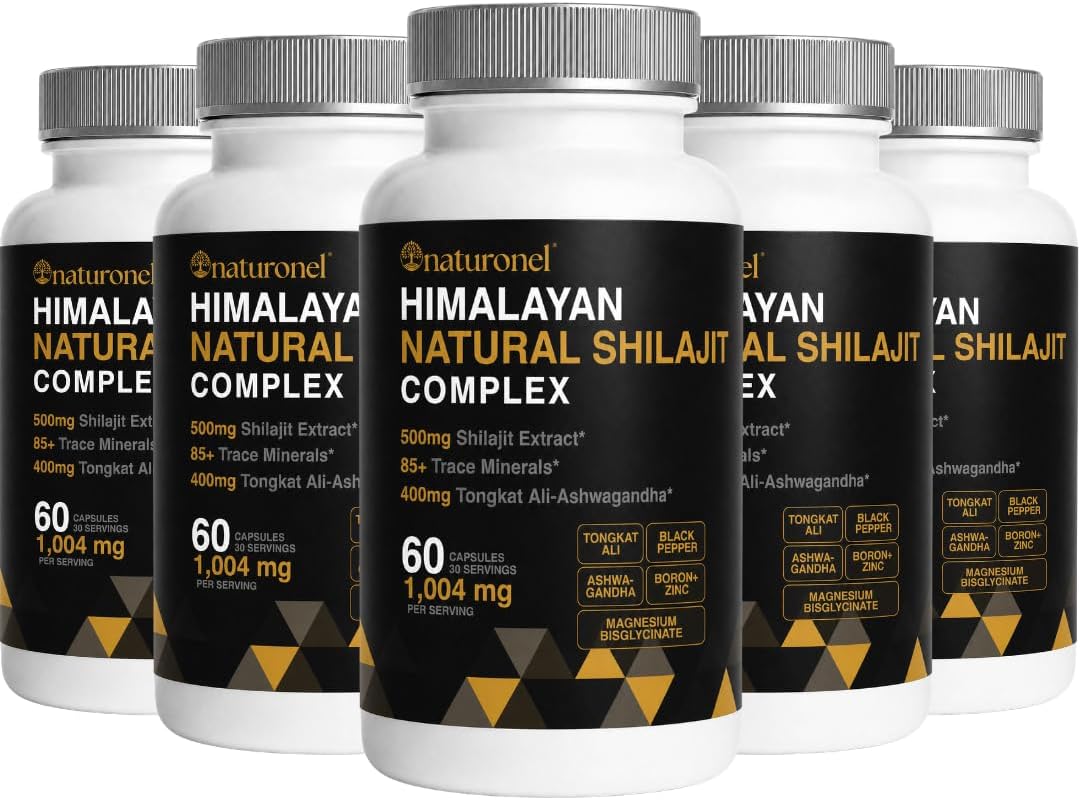 Highest Potency Black Shilajit for Men (5Pack) 80% Fulvic Acid – Tongkat Ali, Ashwagandha, Boron &amp; Black Pepper | 85+ Trace Minerals &amp; Fulvic Acid | Pure Himalayan Shilajit Capsules