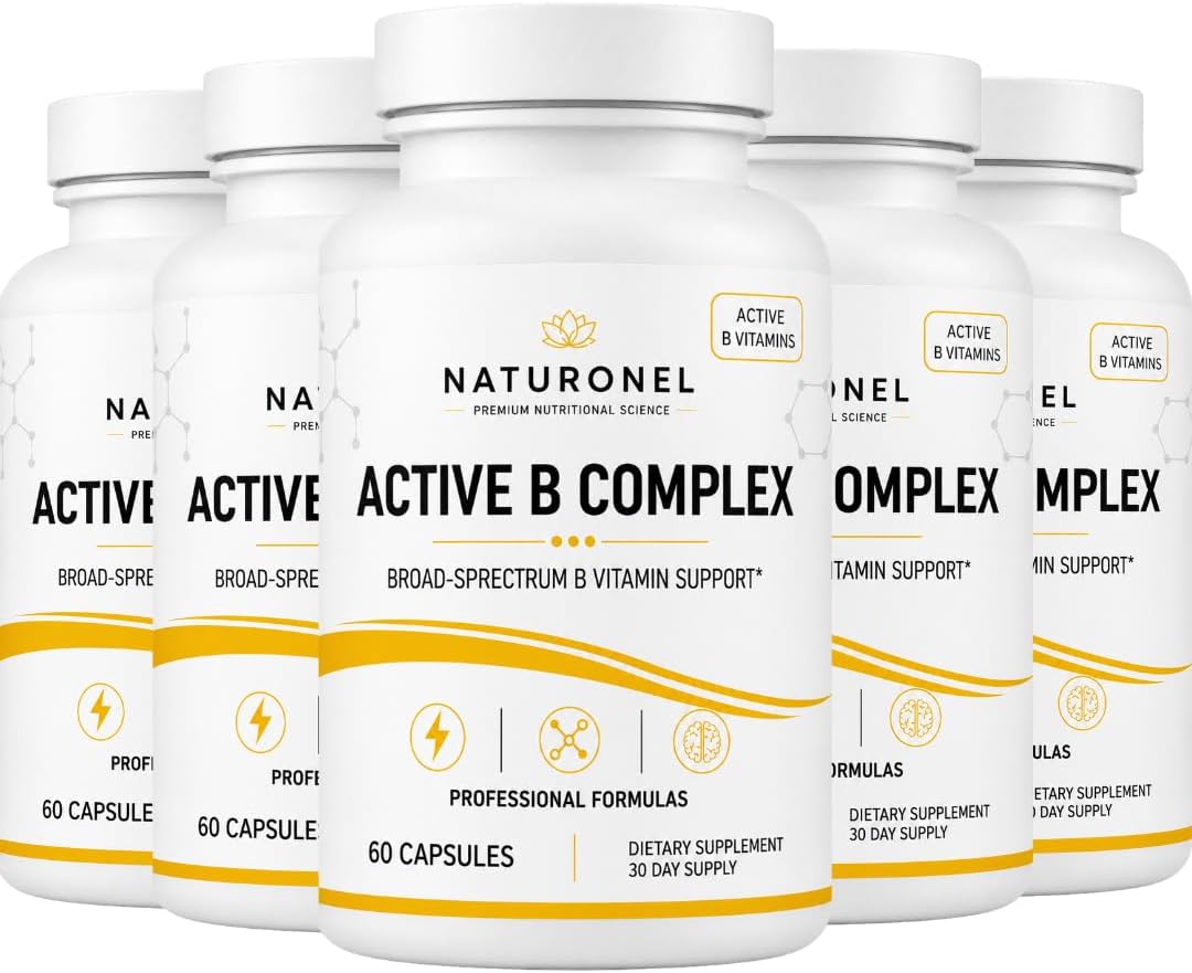 Active B Complex (5 Bottles) Vitamin B Complex Supplement with B1, B2, B3, B5, B6, Folate, B12, Vitamin C, Biotin, Choline &amp; Inositol – Energy Metabolism &amp; Nervous System Support