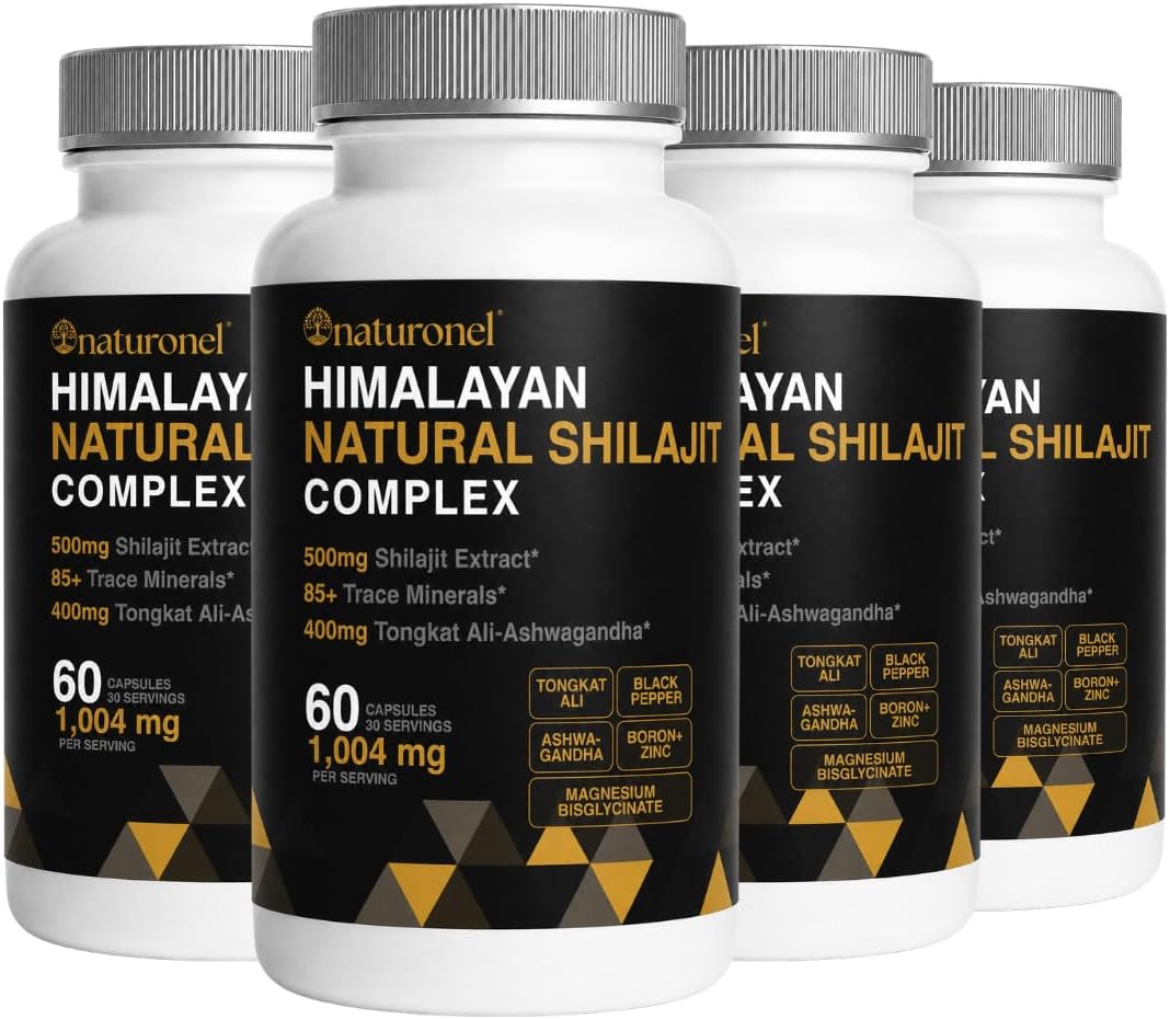 Highest Potency Black Shilajit for Men (4Pack) 80% Fulvic Acid – Tongkat Ali, Ashwagandha, Boron &amp; Black Pepper | 85+ Trace Minerals &amp; Fulvic Acid | Pure Himalayan Shilajit Capsules