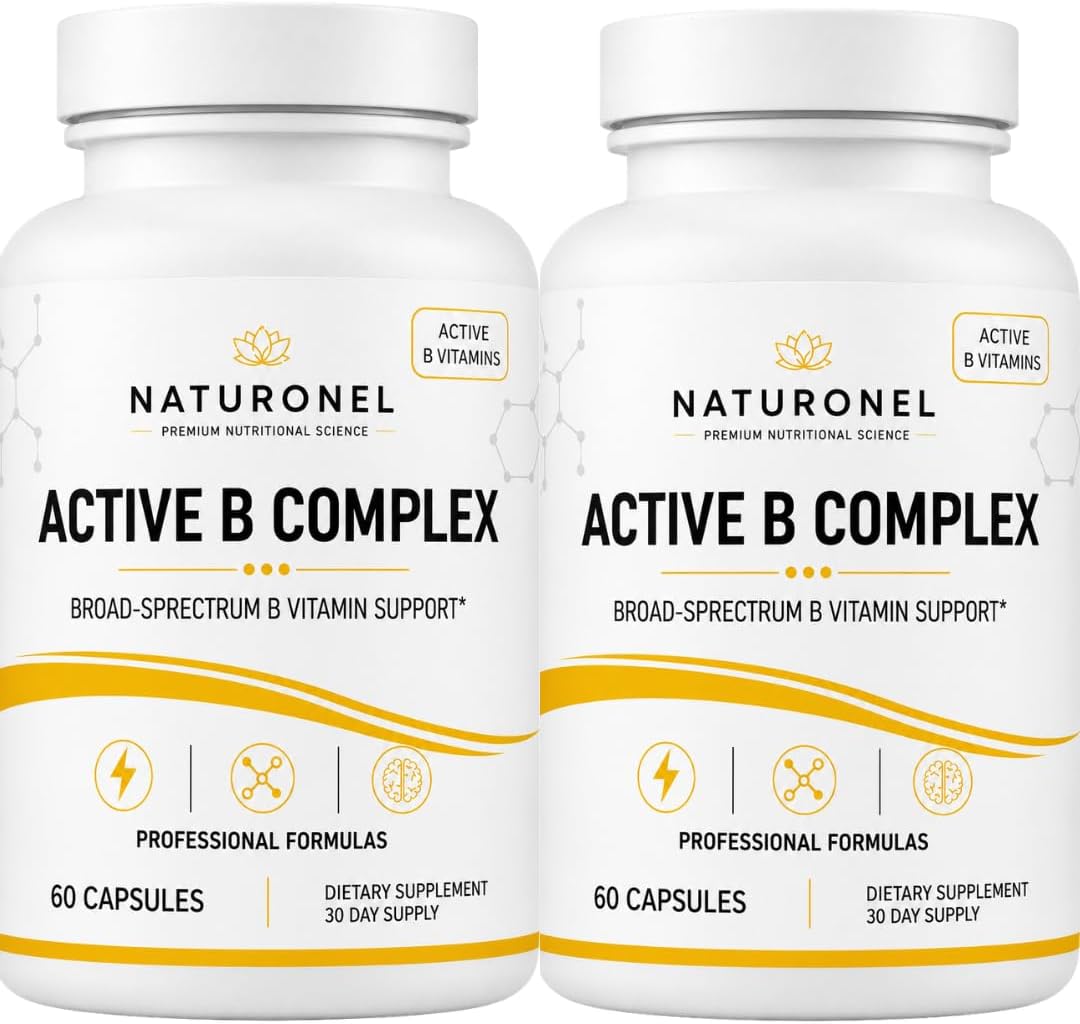 Active B Complex (2 Bottles) Vitamin B Complex Supplement with B1, B2, B3, B5, B6, Folate, B12, Vitamin C, Biotin, Choline &amp; Inositol – Energy Metabolism &amp; Nervous System Support