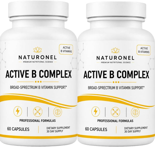 Active B Complex (2 Bottles) Vitamin B Complex Supplement with B1, B2, B3, B5, B6, Folate, B12, Vitamin C, Biotin, Choline &amp; Inositol – Energy Metabolism &amp; Nervous System Support