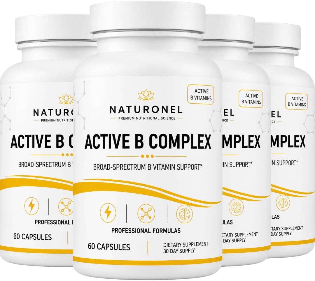 Active B Complex (4 Bottles) Vitamin B Complex Supplement with B1, B2, B3, B5, B6, Folate, B12, Vitamin C, Biotin, Choline &amp; Inositol – Energy Metabolism &amp; Nervous System Support