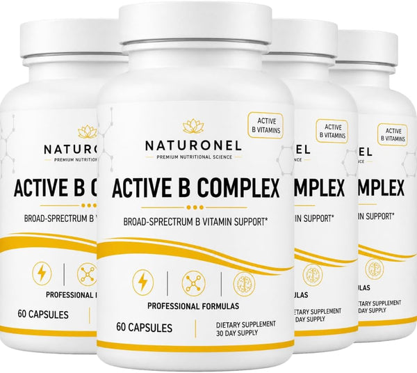 Active B Complex (4 Bottles) Vitamin B Complex Supplement with B1, B2, B3, B5, B6, Folate, B12, Vitamin C, Biotin, Choline &amp; Inositol – Energy Metabolism &amp; Nervous System Support