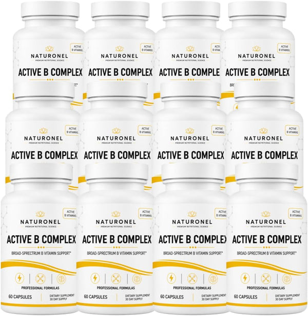 Active B Complex (12 Bottles) Vitamin B Complex Supplement with B1, B2, B3, B5, B6, Folate, B12, Vitamin C, Biotin, Choline &amp; Inositol – Energy Metabolism &amp; Nervous System Support