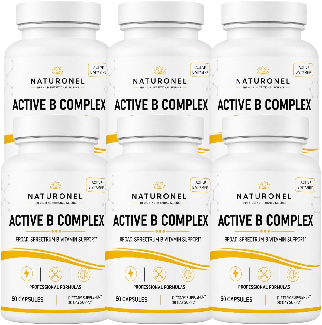 Active B Complex (6 Bottles) Vitamin B Complex Supplement with B1, B2, B3, B5, B6, Folate, B12, Vitamin C, Biotin, Choline &amp; Inositol – Energy Metabolism &amp; Nervous System Support