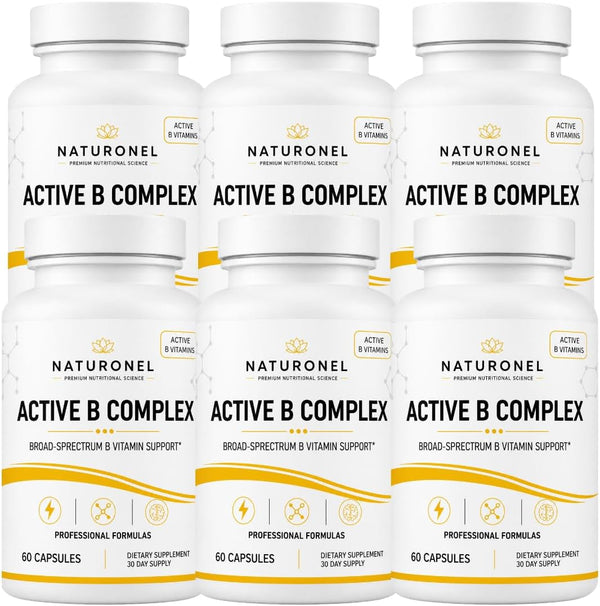 Active B Complex (6 Bottles) Vitamin B Complex Supplement with B1, B2, B3, B5, B6, Folate, B12, Vitamin C, Biotin, Choline &amp; Inositol – Energy Metabolism &amp; Nervous System Support