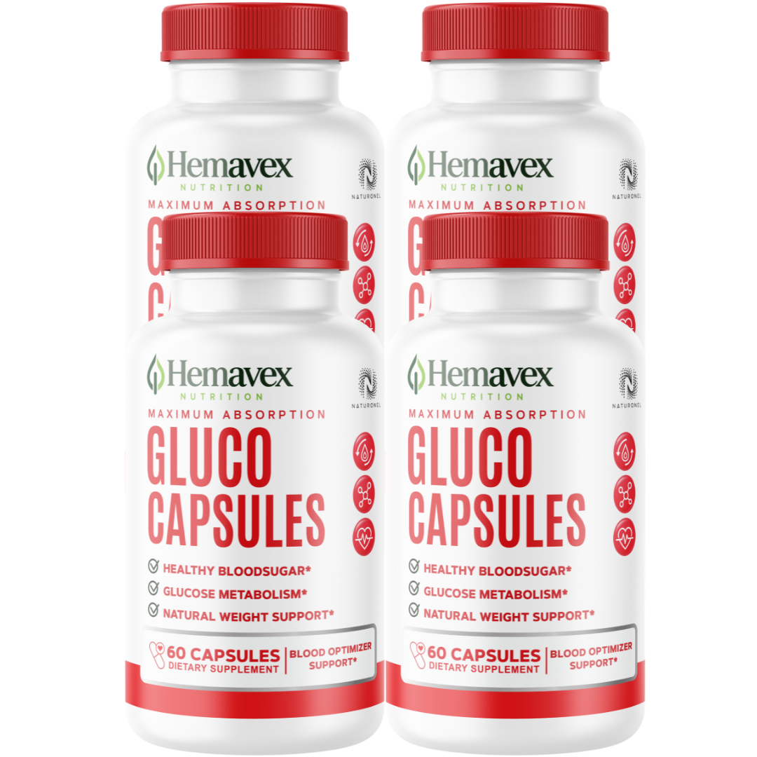 Hemavex (4 Pack) Nutrition Gluco Capsules – Advanced Glucose Metabolism Formula with Banaba, Chromium, Alpha Lipoic Acid, Cinnamon, Gymnema & Biotin – Daily Wellness Supplement
