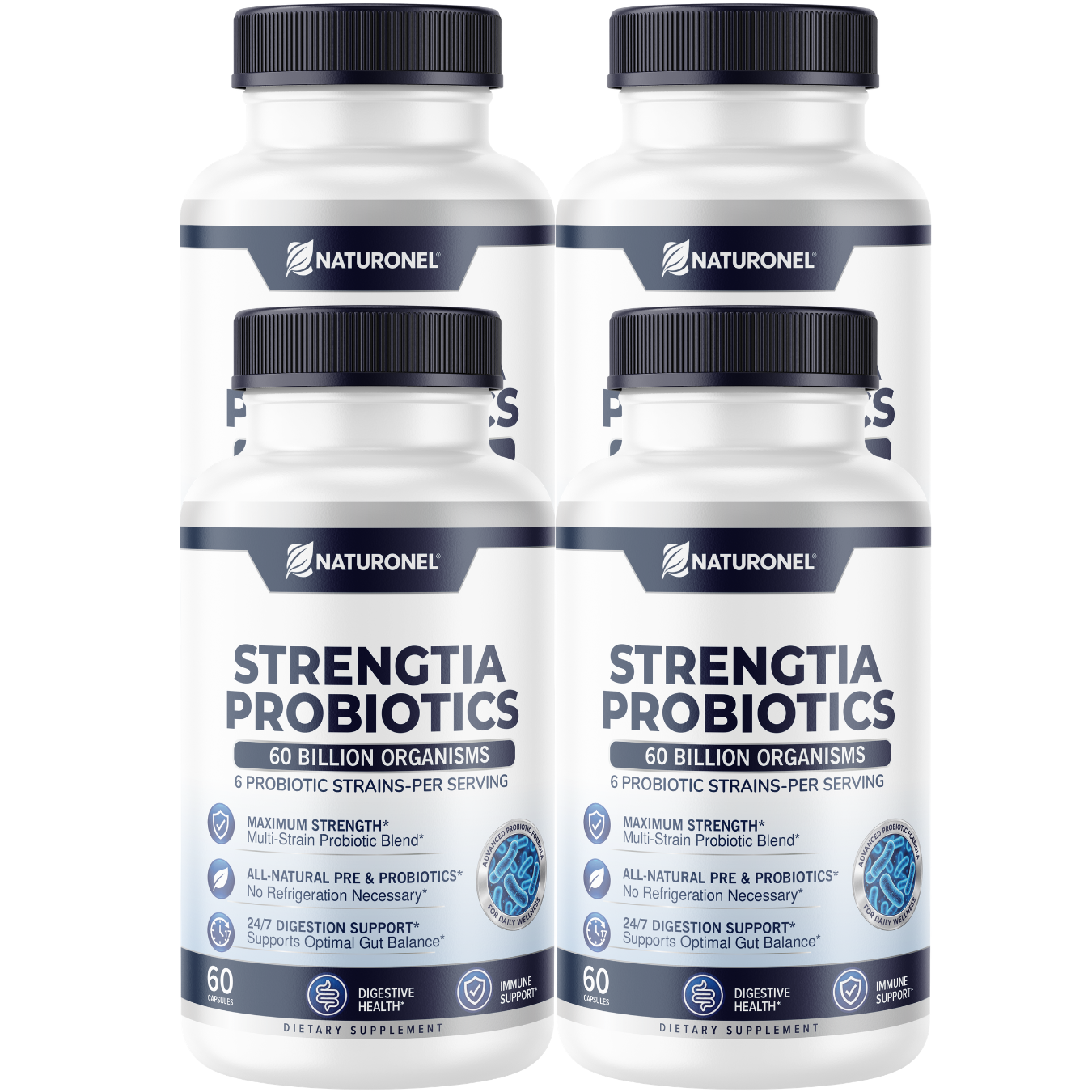 Strengtia (4 Pack) 60 Billion Probiotics – Daily Probiotic Supplement with 6 Clinically Selected Strains, Prebiotic Blend, Digestive & Immune Wellness