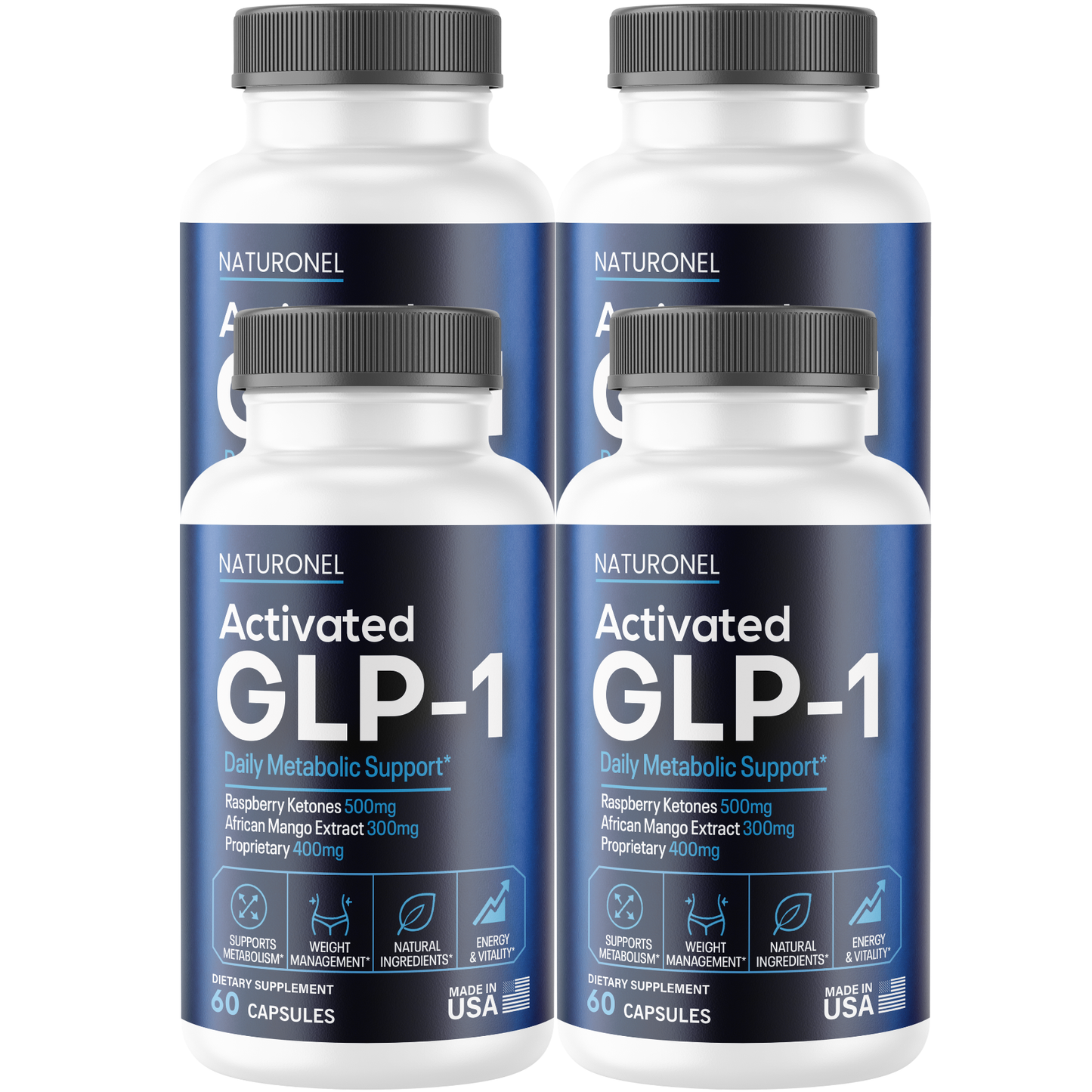 Activated GLP-1 (4 Pack) Daily Metabolic Support – Raspberry Ketones 500mg, African Mango 300mg, Green Tea, Apple Cider Vinegar & Kelp Blend – Energy & Weight Management Formula