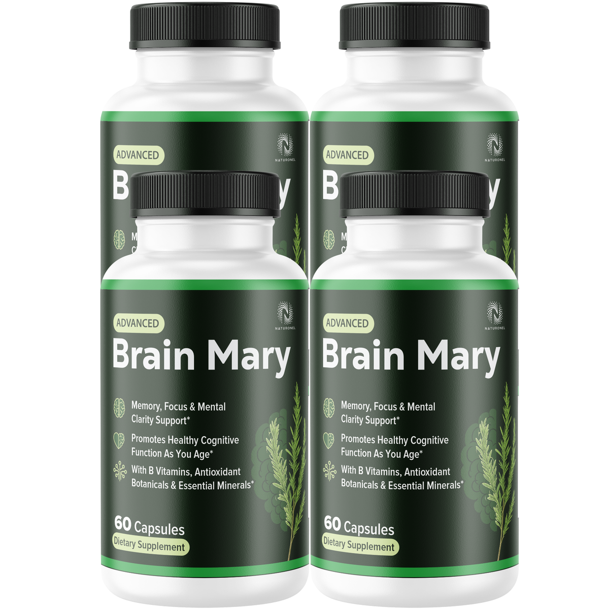 Brain Mary Advanced (4 Pack) Memory & Focus Supplement – Cognitive Support Formula with DMAE, Bacopa, Phosphatidylserine, Green Tea Extract, Vitamins & Minerals – Mental Clarity & Brain Health