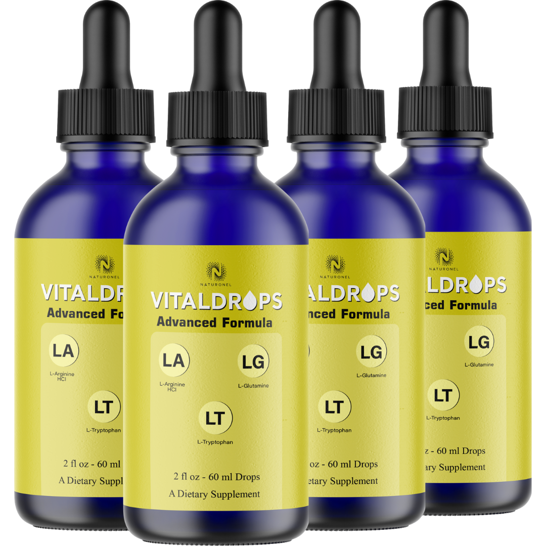 VitalDrops 3-in-1 Advanced Formula (4 Pack) – L-Arginine HCl, L-Glutamine & L-Tryptophan Liquid Drops – Lemon Flavor