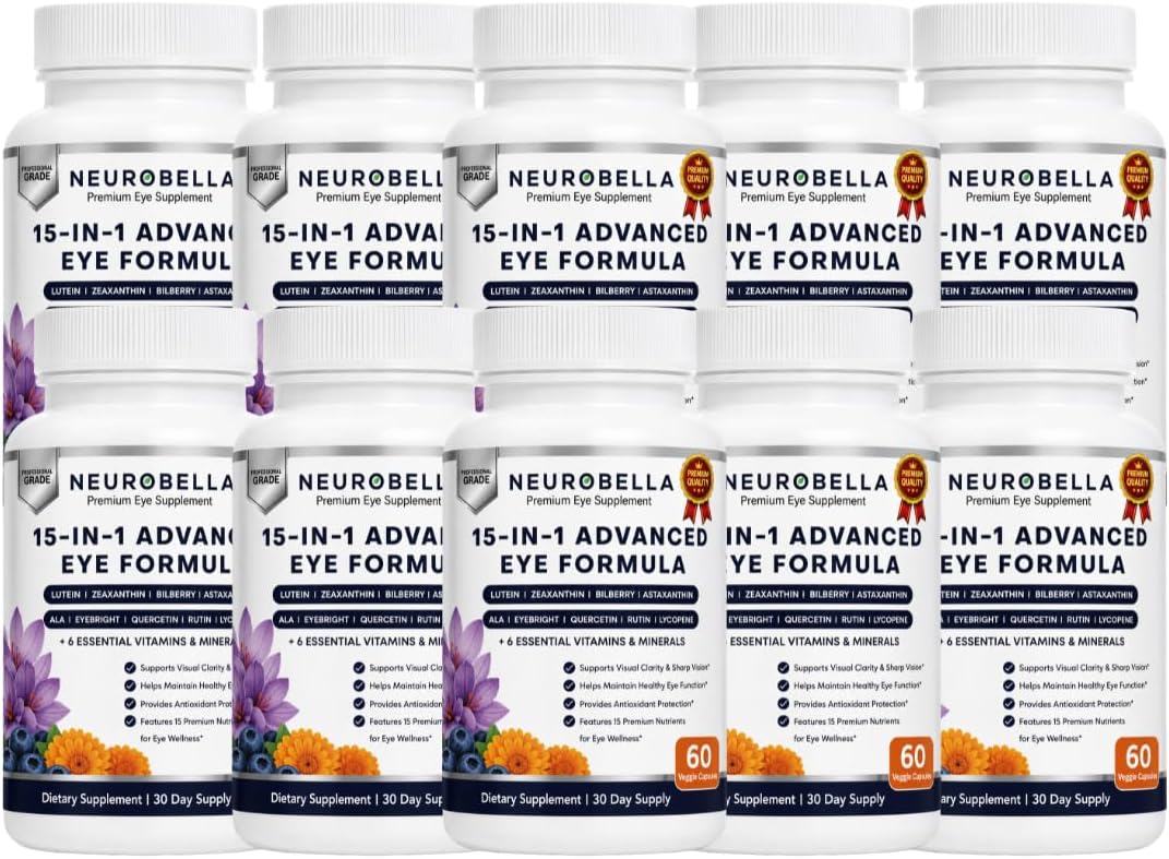 Neurobella 15-in-1 Advanced Eye Formula (10 Bottles) Neurobella Eye Formula | Digital Eye Strain &amp; Night Driving Clarity, All 3 Carotenoids (Lutein, Zeaxanthin), Bilberry