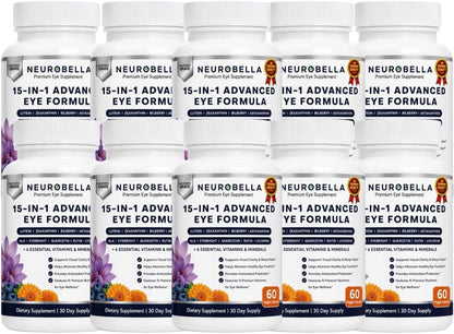 Neurobella 15-in-1 Advanced Eye Formula (10 Bottles) Neurobella Eye Formula | Digital Eye Strain &amp; Night Driving Clarity, All 3 Carotenoids (Lutein, Zeaxanthin), Bilberry
