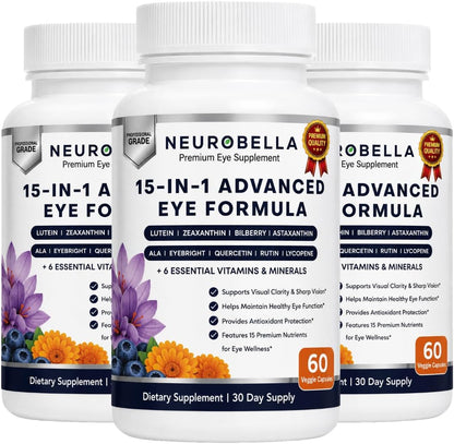 Neurobella 15-in-1 Advanced Eye Formula (3 Bottles) Neurobella Eye Formula | Digital Eye Strain &amp; Night Driving Clarity, All 3 Carotenoids (Lutein, Zeaxanthin), Bilberry
