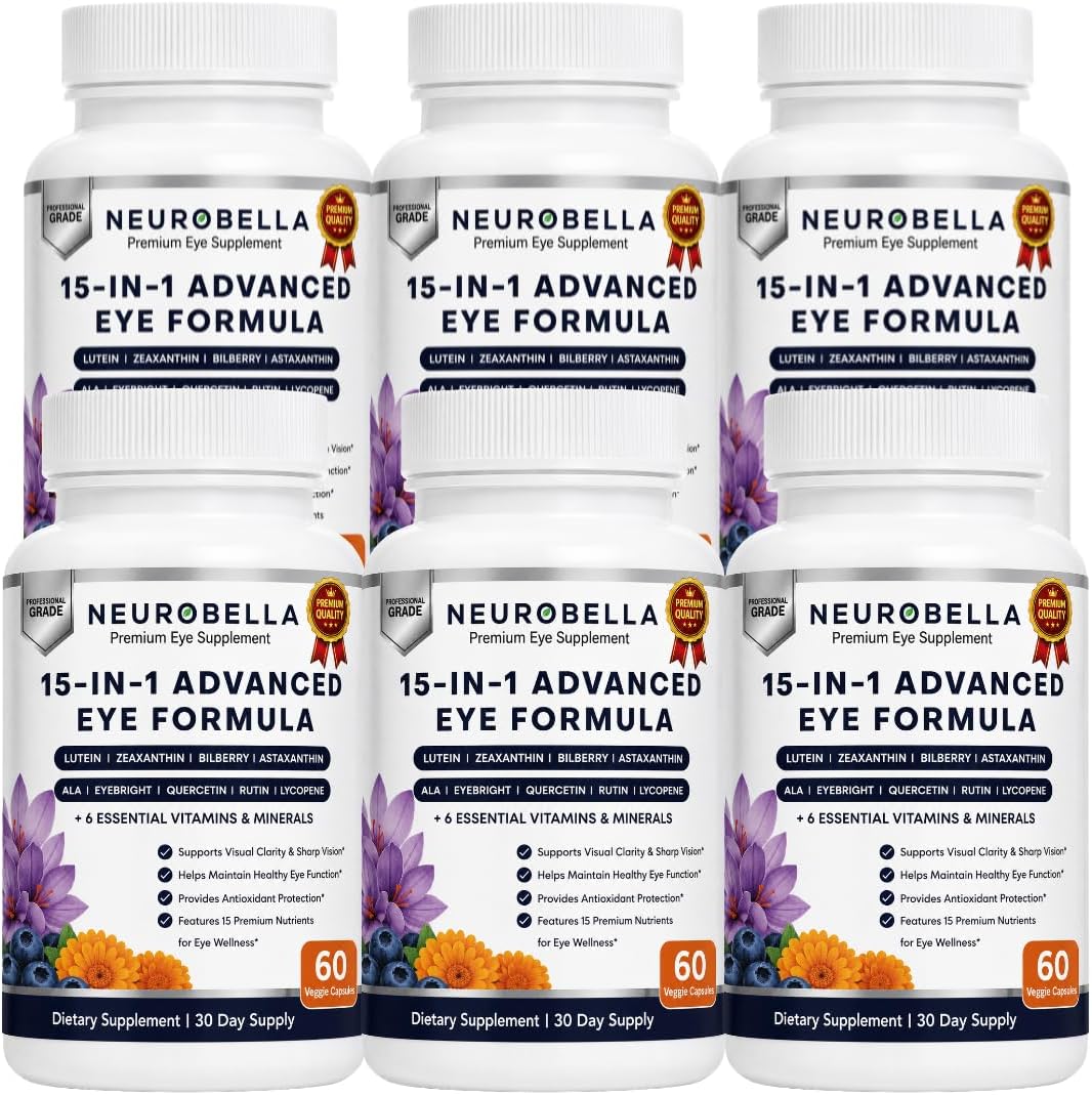 Neurobella 15-in-1 Advanced Eye Formula (6 Bottles) Neurobella Eye Formula | Digital Eye Strain &amp; Night Driving Clarity, All 3 Carotenoids (Lutein, Zeaxanthin), Bilberry