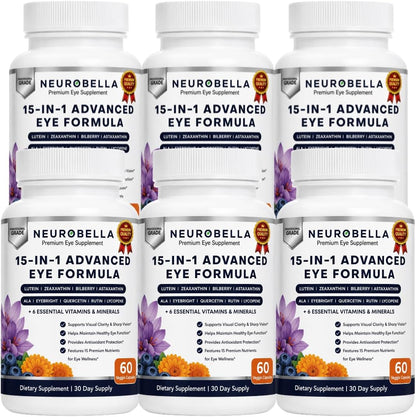 Neurobella 15-in-1 Advanced Eye Formula (6 Bottles) Neurobella Eye Formula | Digital Eye Strain &amp; Night Driving Clarity, All 3 Carotenoids (Lutein, Zeaxanthin), Bilberry