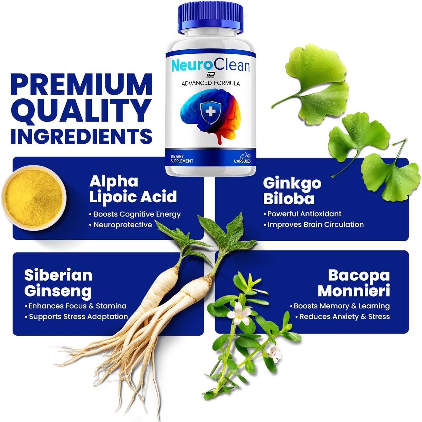 Neuro Clean Supplement Capsules – Neuro Clean Natural Blend Formula Focus Memory Support and Reviews (5 Pack – 300 Capsules)