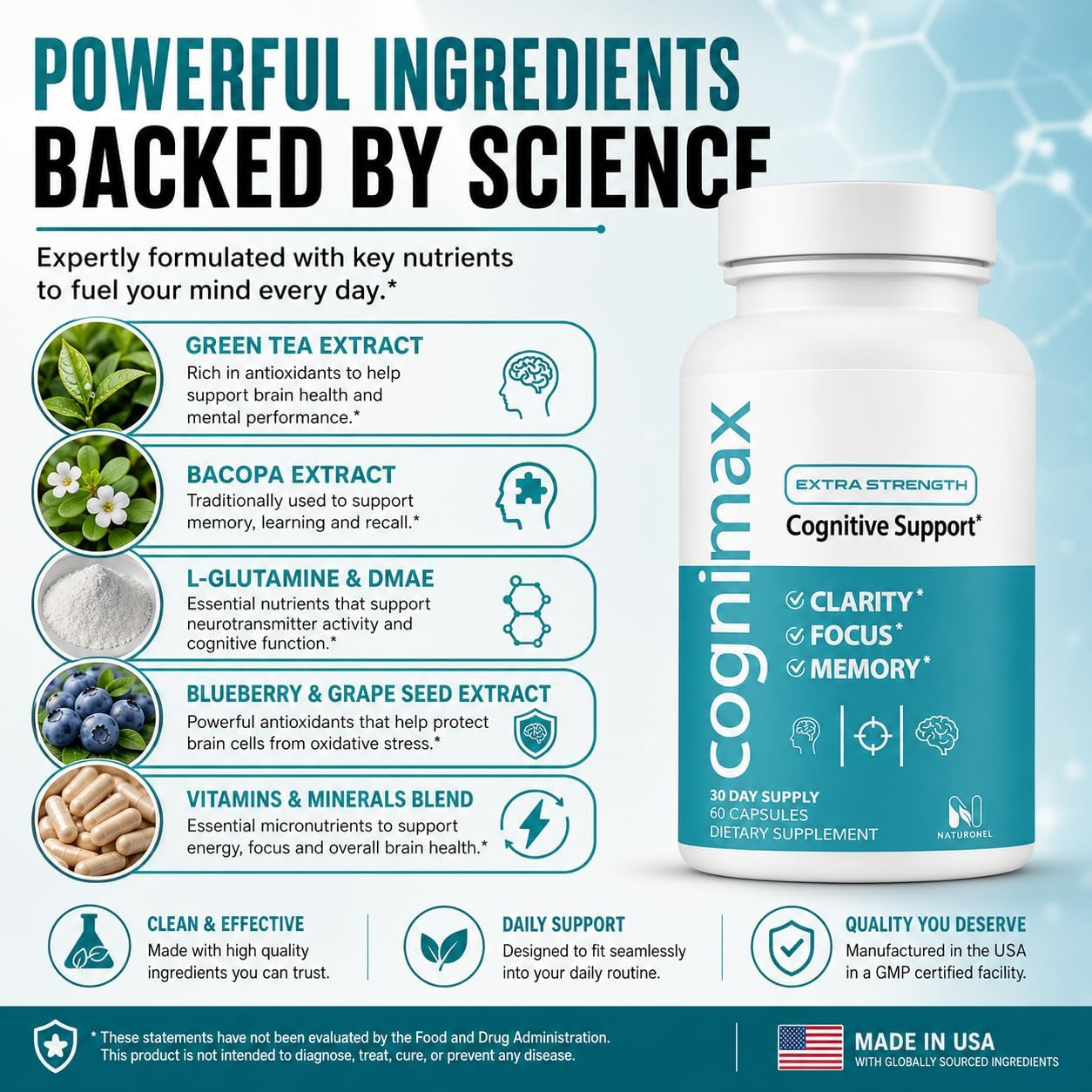 CogniMax Brain Health Supplement - DMAE Bacopa Ginkgo GABA Phosphatidylserine - Brain Nutrition Formula with B Complex DHA Vitamins Minerals - Daily Cognitive Wellness - Vegan - 60 Capsules