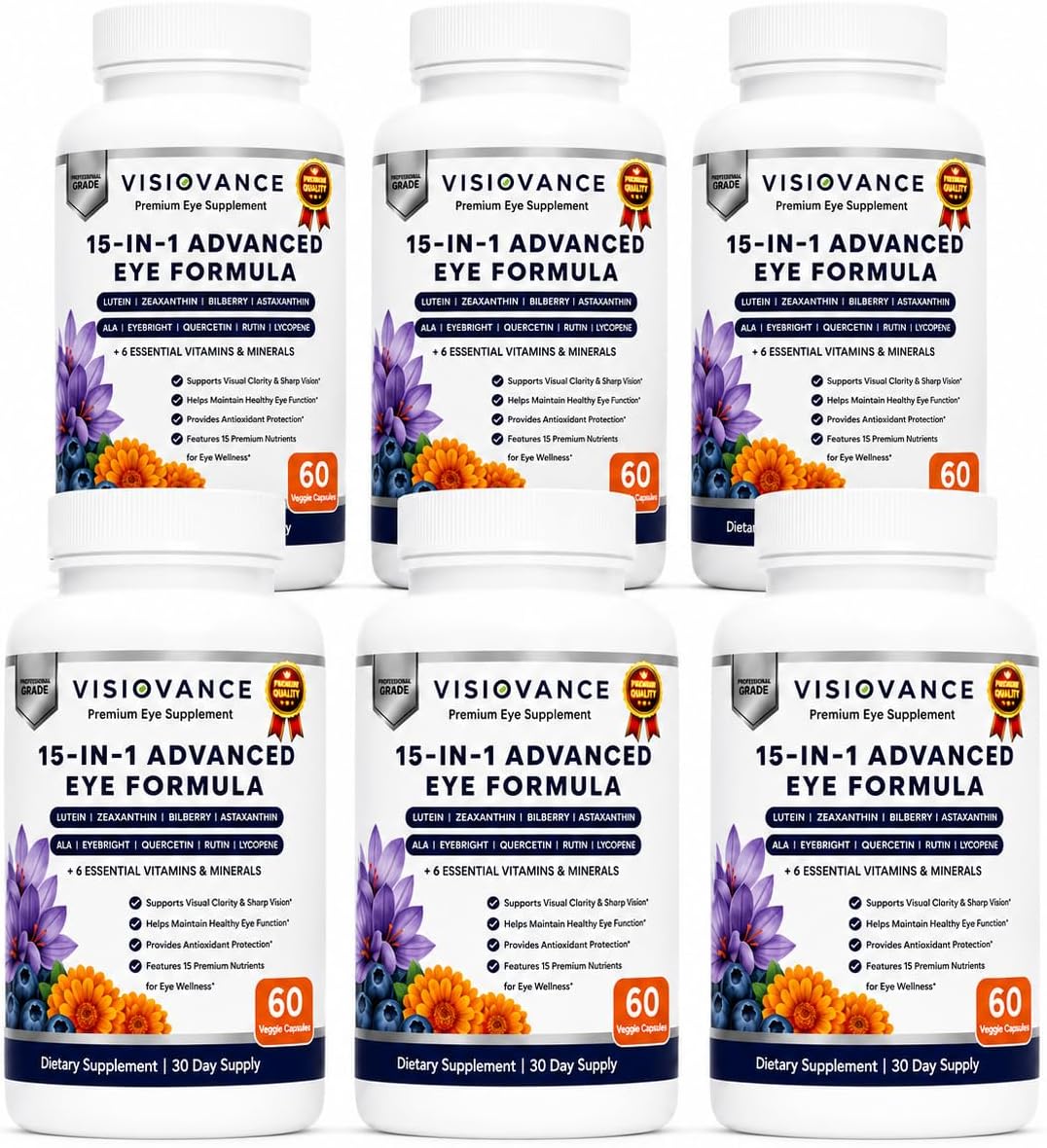 Visiovance 15 in 1 Advanced Eye Formula (6 Bottles) Visiovance Eye Supplement | Digital Eye Strain &amp; Night Driving Clarity, All 3 Carotenoids (Lutein, Zeaxanthin), Bilberry