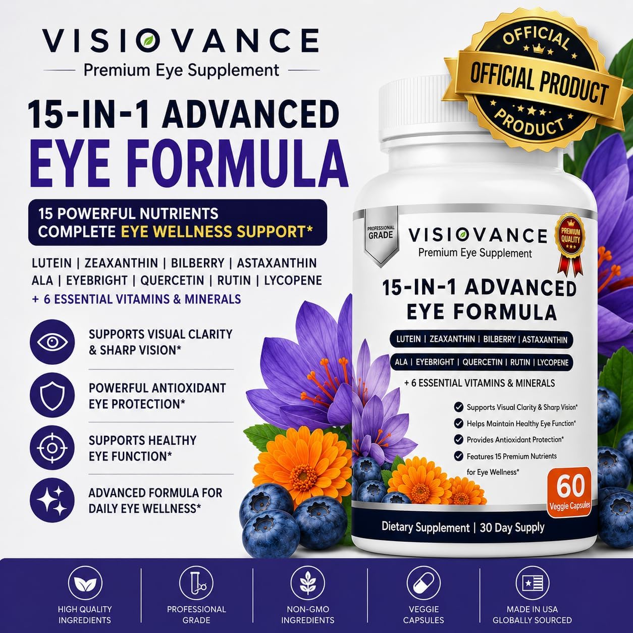 Visiovance 15 in 1 Advanced Eye Formula (3 Bottles) Visiovance Eye Formula | Digital Eye Strain &amp; Night Driving Clarity, All 3 Carotenoids (Lutein, Zeaxanthin), Bilberry