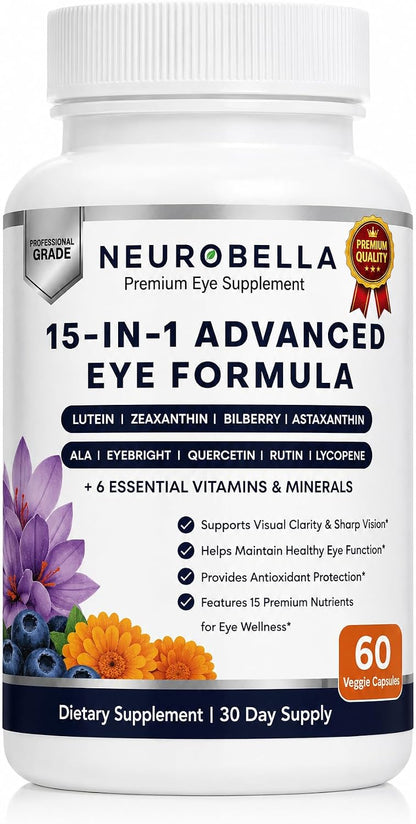 Neurobella 15-in-1 Advanced Eye Formula (1 Bottle) Neurobella Eye Formula | Digital Eye Strain &amp; Night Driving Clarity, All 3 Carotenoids (Lutein, Zeaxanthin), Bilberry