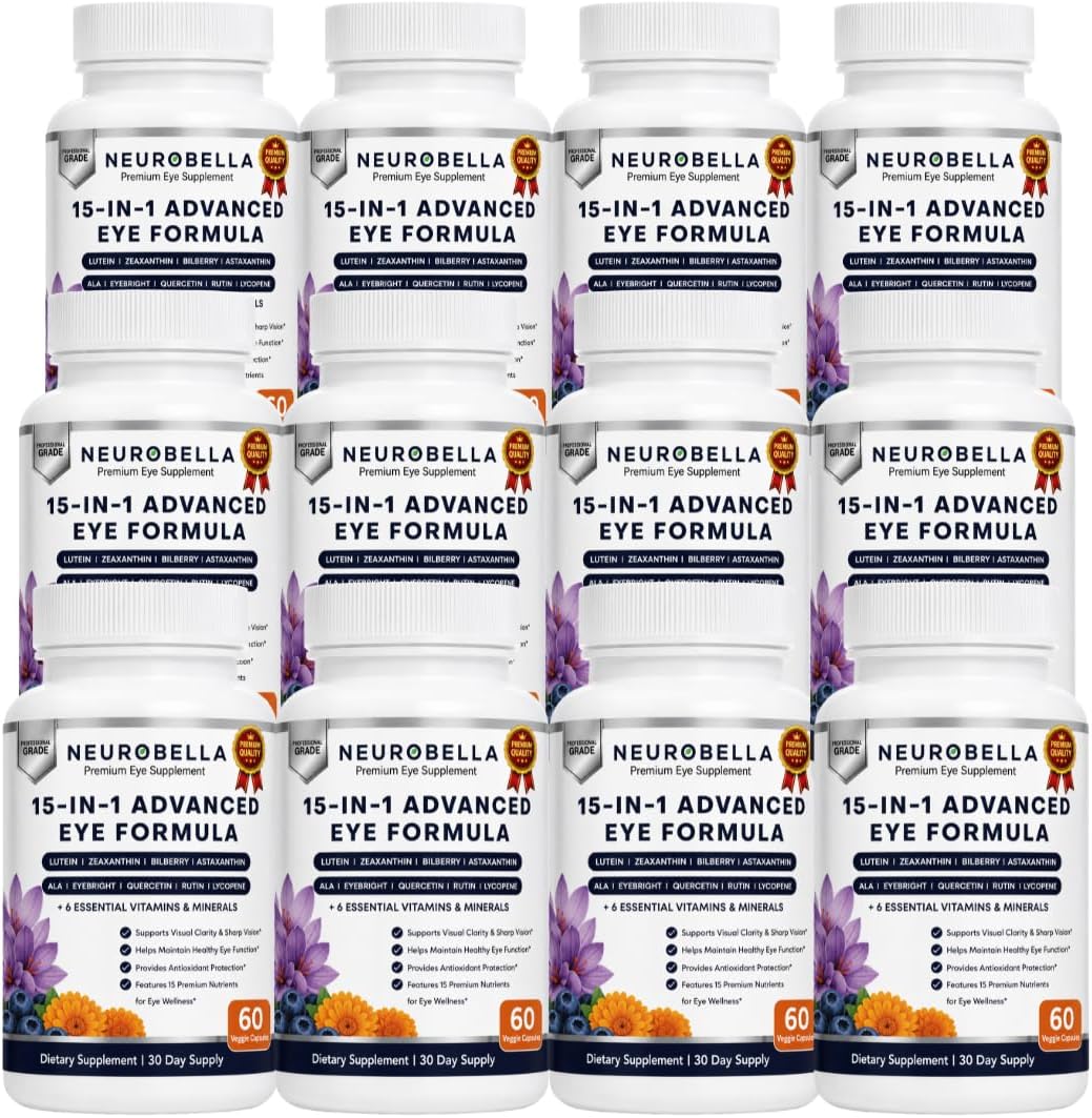 Neurobella 15-in-1 Advanced Eye Formula (12 Bottles) Neurobella Eye Formula | Digital Eye Strain &amp; Night Driving Clarity, All 3 Carotenoids (Lutein, Zeaxanthin), Bilberry