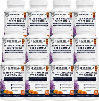 Neurobella 15-in-1 Advanced Eye Formula (12 Bottles) Neurobella Eye Formula | Digital Eye Strain &amp; Night Driving Clarity, All 3 Carotenoids (Lutein, Zeaxanthin), Bilberry