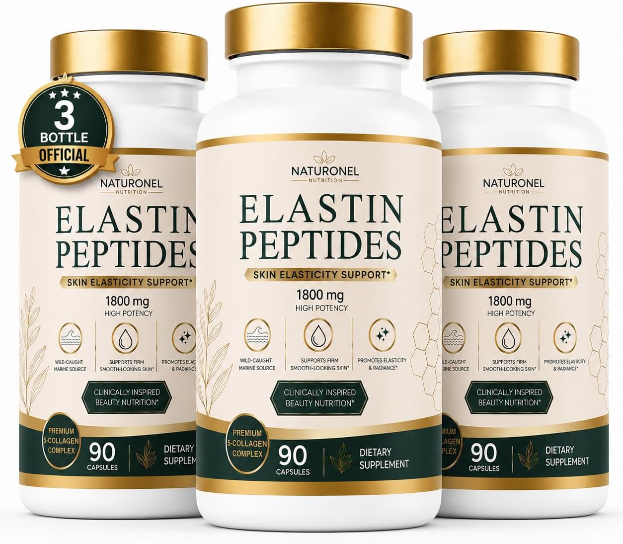 Elastin Peptide Skin Tightening Formula (3 Bottles) 1800mg Per Serving, Supports Skin Firmness &amp; Elasticity, Daily Beauty Supplement for Healthy-Looking