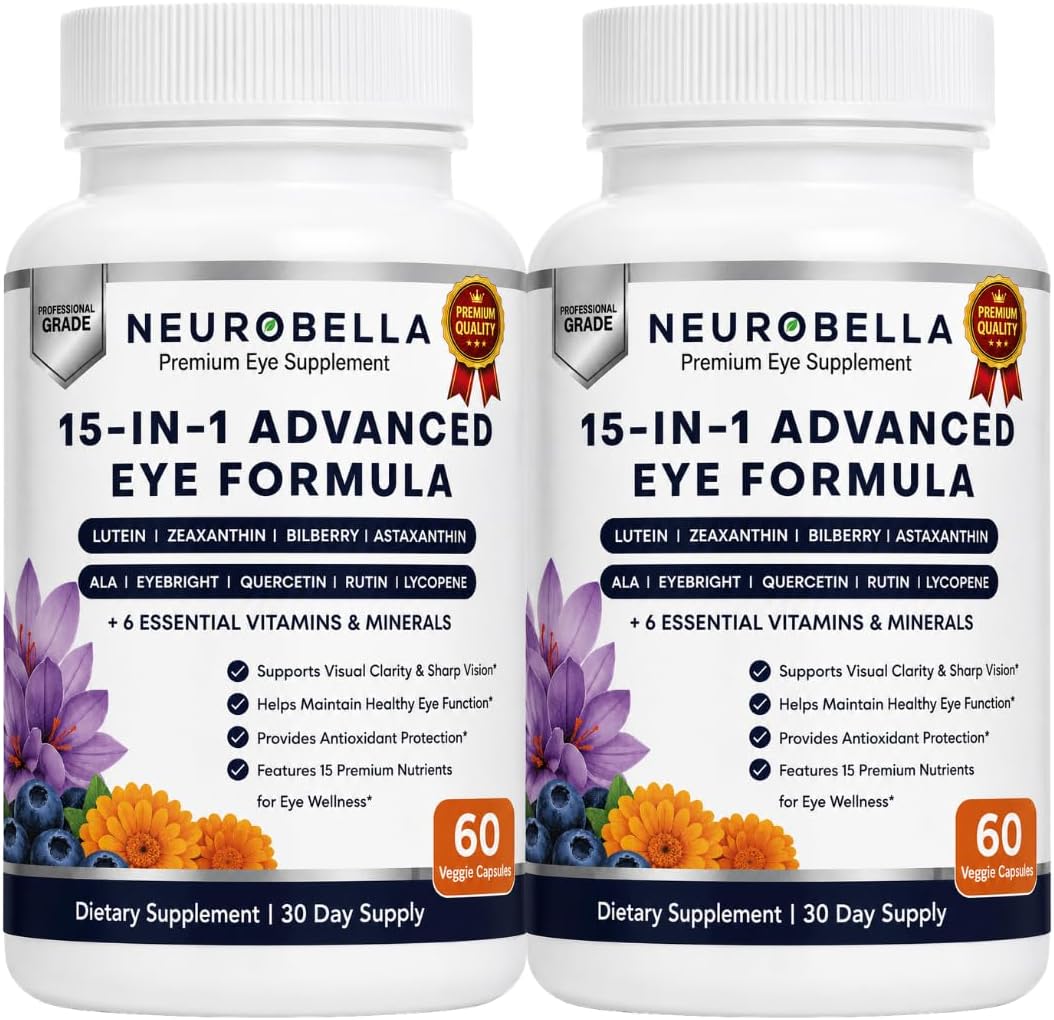 Neurobella 15-in-1 Advanced Eye Formula (2 Bottles) Neurobella Eye Formula | Digital Eye Strain &amp; Night Driving Clarity, All 3 Carotenoids (Lutein, Zeaxanthin), Bilberry