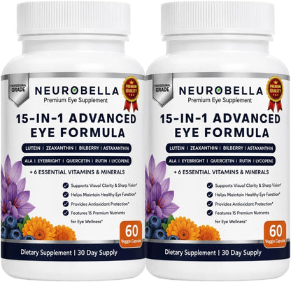 Neurobella 15-in-1 Advanced Eye Formula (2 Bottles) Neurobella Eye Formula | Digital Eye Strain &amp; Night Driving Clarity, All 3 Carotenoids (Lutein, Zeaxanthin), Bilberry