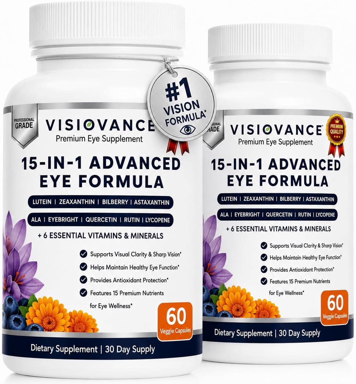 Visiovance 15 in 1 Advanced Eye Formula (2 Bottles) Visiovance Eye Supplement | Digital Eye Strain &amp; Night Driving Clarity, All 3 Carotenoids (Lutein, Zeaxanthin), Bilberry