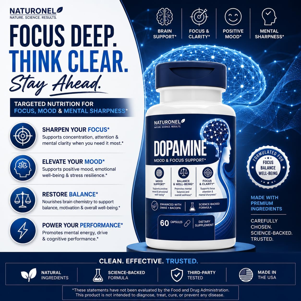 Dopamine Brain Food | Dopamine Supplement (3-Pack) Mood Balance, Focus Memory Motivation Energy Support | Cognitive Health &amp; Mental Drive, Vegan Capsules